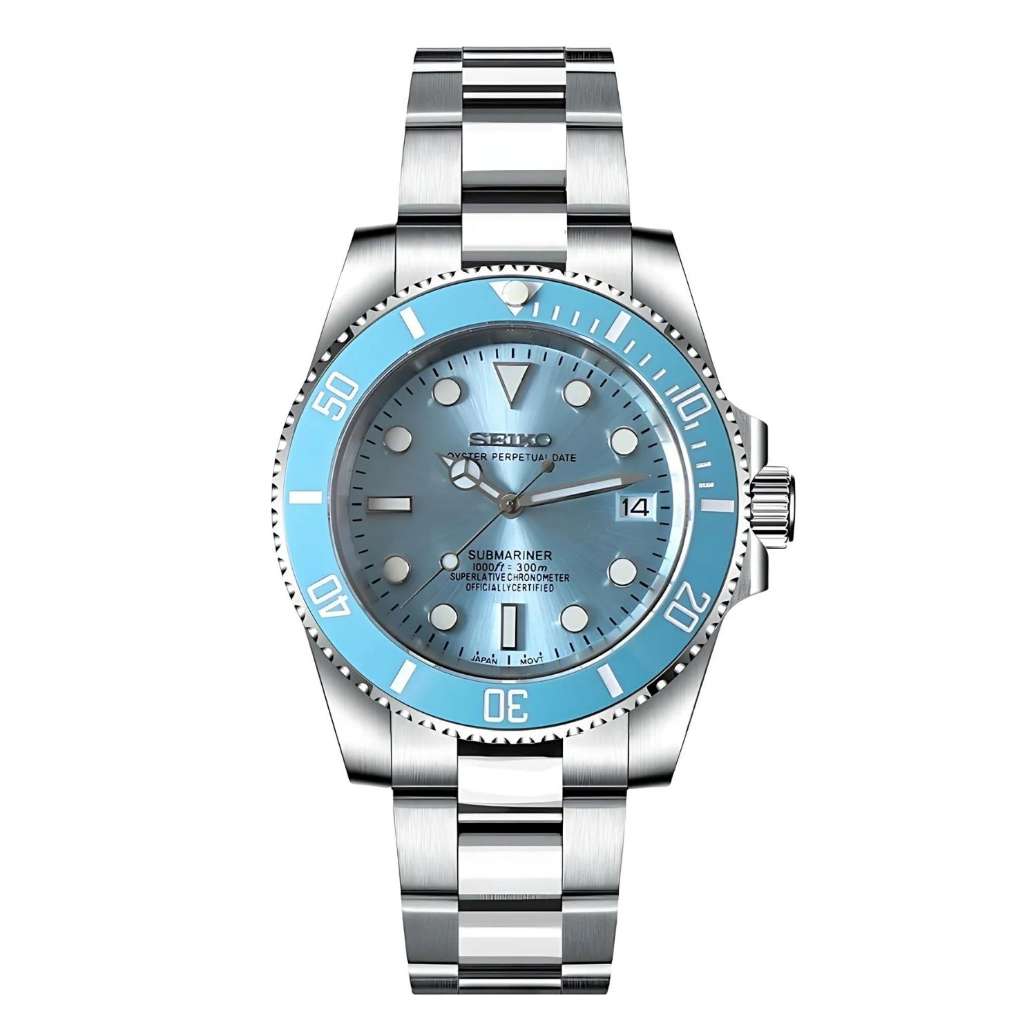 Seikomariner Light Blue Stainless Steel Submariner Watch With a Light Blue Bezel And Dial
