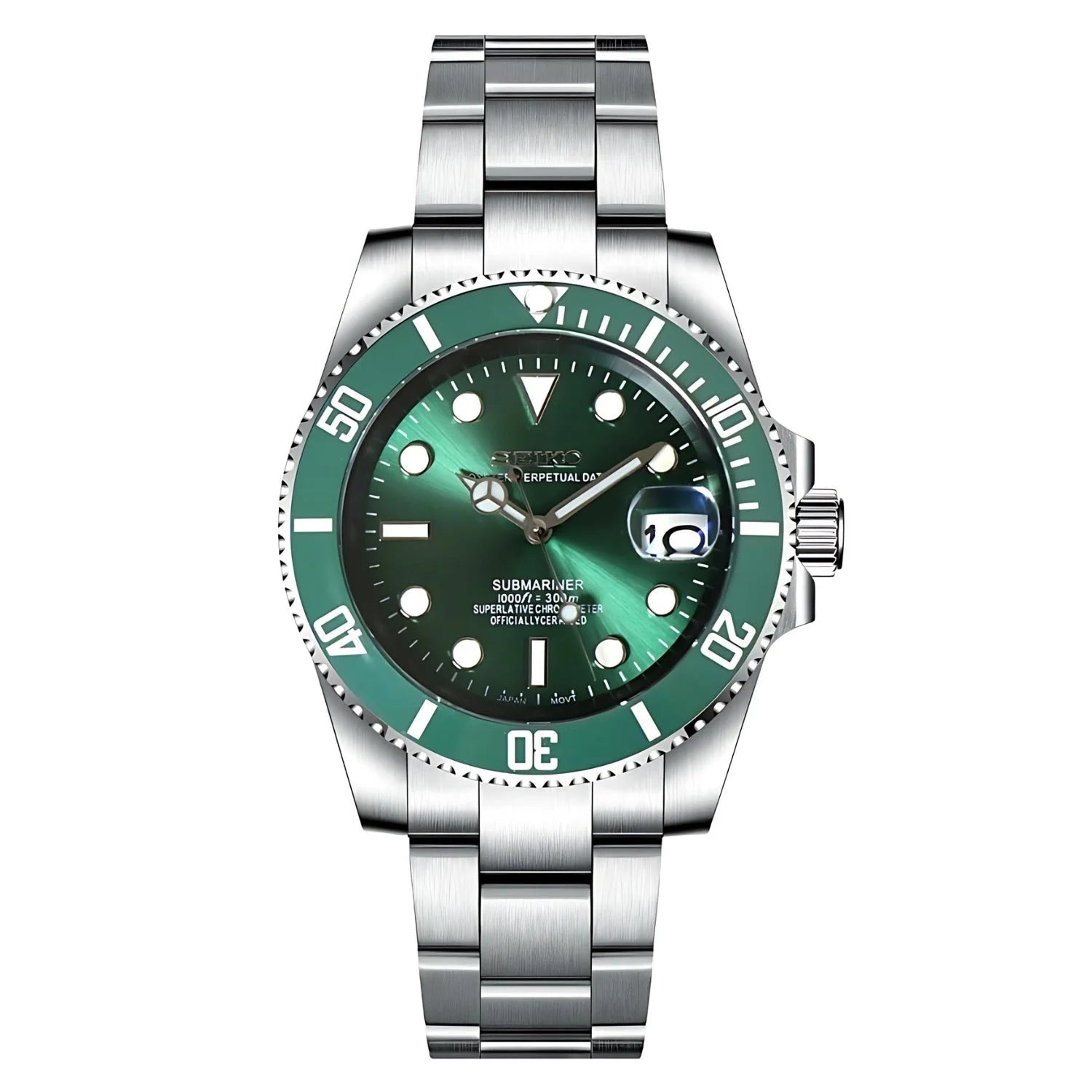 Stainless steel Seikomariner Hulk watch with green dial and bezel in stylish case