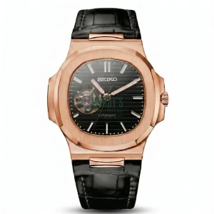 Seiko Mod | Nautilus Rose Gold Black Leather Open Heart